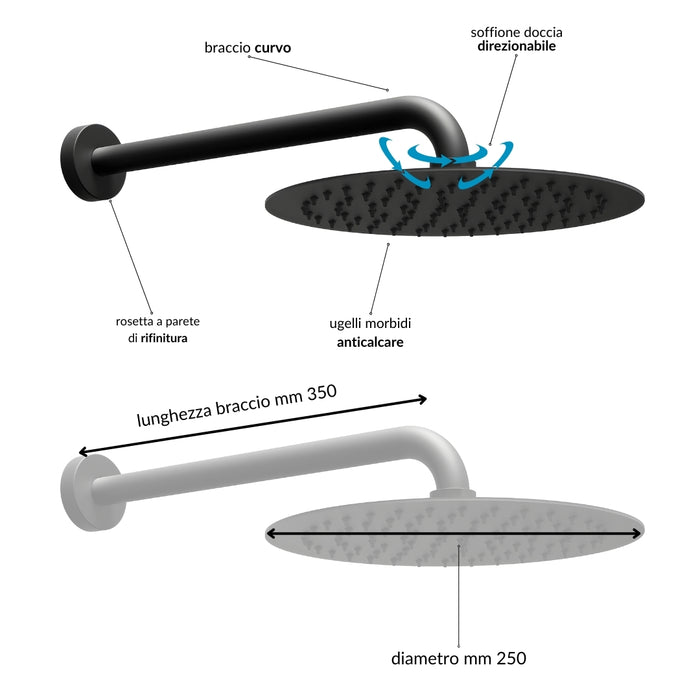 Kit doccia con soffione tondo nero doccetta e presa acqua con flessibile in pvc per il bagno *** confezione 1
