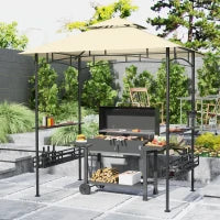 Gazebo da BBQ, Gazebo da Giardino con 2 Ripiani, Ceste Portaoggetti, Ganci, per Terrazza, Beige