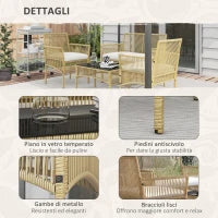 Set da Giardino in Rattan da 4 Pezzi con 2 Poltroncine, Divano e Tavolino da Caffè, Naturale e Nero