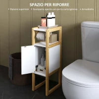 Mobile Bagno Salvaspazio con Porta Carta Igienica, Armadietto e Ripiano in Bambù, 20x33x80cm, Bianco