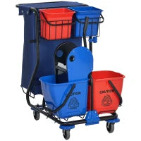 Carrello Pulizie con Sacco per Immondizia, 4 Secchi e Strizzatore per Mocio, 93x80x97 cm, Rosso Blu e Nero