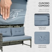 Salotto da Giardino con Divanetto, Chaise Longue e Tavolino in Rattan PE con Cuscini, Grigio