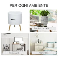 Tavolino da Caffè Rotondo, Tavolino Apribile da Salotto, 3 Elementi con Apertura a Rotazione, con Vassoio Rimovibile, Φ38 x 48.3cm, in Legno Bianco