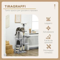 Torre per Gatti con Casetta, Trespolo, Piattaforme e 4 Topolini, in Legno, Peluche e Sisal, 50x35x134.2 cm, Grigio