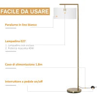 Lampada da Terra Moderna in Metallo e Paralume in Tessuto, Lampada da Lettura E27 47x37x153cm, Oro e Bianco