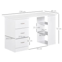 Scrivania Porta PC con 3 Cassetti e 3 Ripiani, Scrivania per Camera e Ufficio in Legno 120x49x72cm Bianco