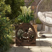 Fioriera in Legno da Esterno a 2 Livelli con 3 Vasi e Ruote di Carro Stile Country, 64x54x60cm