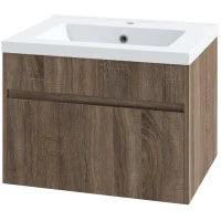 kleankin Mobile Lavabo da 60cm con Cassetto in Legno e Lavandino in Ceramica, Marrone Chiaro