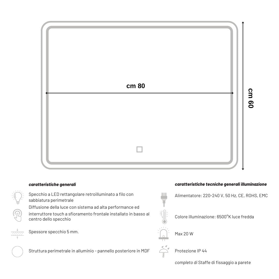 Specchio 5mm rettangolare smussato doppia cornice led interruttoretouch *** misure 80x60 cm, tonalità standard 6000-...