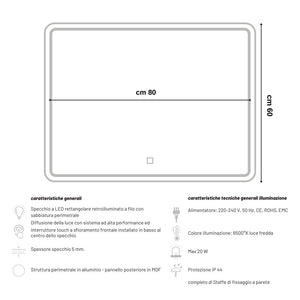 Specchio 5mm rettangolare smussato doppia cornice led interruttoretouch *** misure 80x60 cm, tonalità standard 6000-...