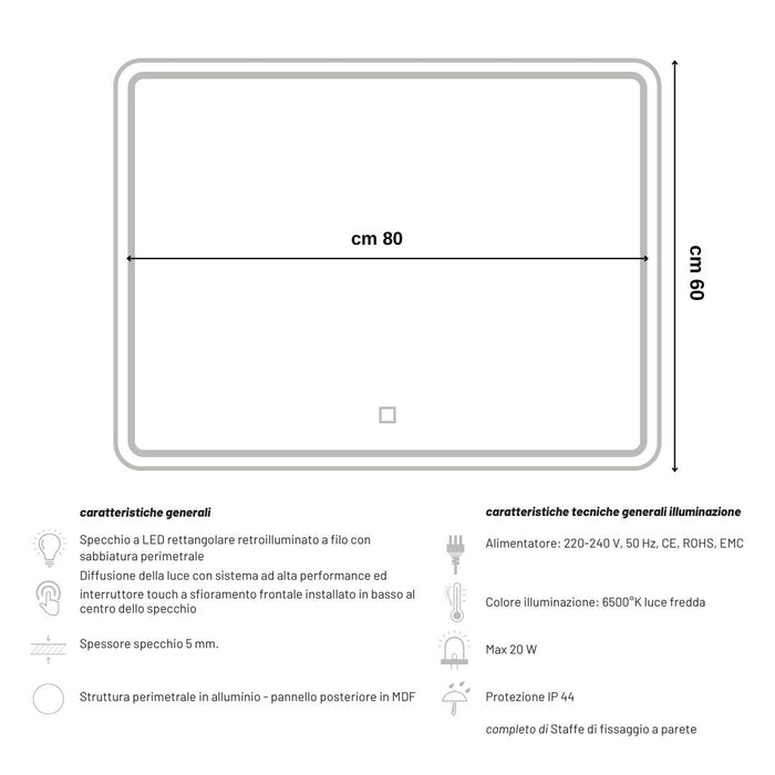 Specchio 5mm rettangolare smussato doppia cornice led interruttoretouch *** misure 80x60 cm, tonalità standard 6000-...