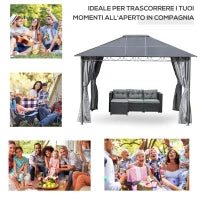 Gazebo da Giardino 3.6x3m con Tetto in Policarbonato Anti UV e Tende, Grigio