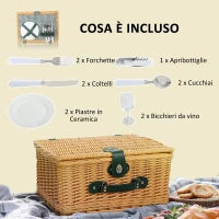 Cesta da Pic Nic per 2 Persone in Vimini con Area Termica e Cavatappi, 40x30x20 cm, Marrone Chiaro