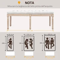 Panca Fondoletto Imbottita Stile Vintage in Tessuto e Gambe in Legno, 117x40x48 cm, Crema