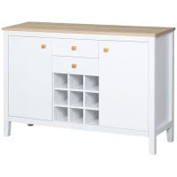 Mobile Buffet da Cucina con 2 Cassetti, 2 Porte Ripiani Regolabili e Portabottiglie per 9 Bottiglie, Bianco