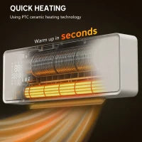 Stufa Ceramica 2000W a Parete con 3 Modalità, Temperatura Regolabile, Timer, Telecomando, Blocco Bambini, Bianco