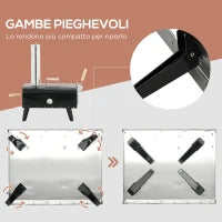 Forno per Pizza Pieghevole e Portatile con Pala e Pietra, in Acciaio e Legno, 81x40x72 cm, Nero