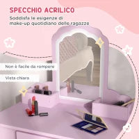 Set Toeletta per Bambina con Specchio Trucco e Sgabello Abbinato in Legno, Cassetto e Contenitori, Rosa