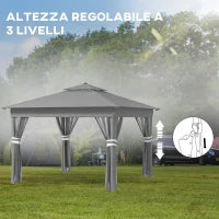Gazebo da Giardino ad Altezza Regolabile con Luci LED, in Acciaio e tessuto Oxford, 336x336x250-270 cm, Grigio