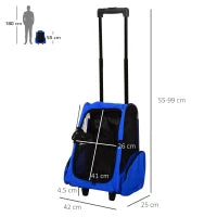 Trasportino Zaino 2 in 1 per Cani e Gatti con Tasche Laterali, Maniglia Telescopica e Ruote, 42x25x55cm, Azzurro