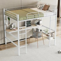 Letto a soppalco 140x200 cm in metallo con scrivania e scaffali, senza materasso, Bianco