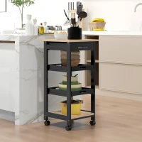 Carrello Di Servizio Da Cucina A Ruote Con 2 Ripiani Rimovibili, Cassetto, Scaffale Rovere Chiaro Legno Di Pino Nero