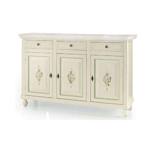 Credenza 3 ante 3 cassetti arte povera in legno massello e mdf con rifinitura in bianco filo verde con decori 158x47x103 H