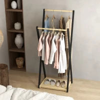 Appendiabiti da Terra in Legno con 2 Barre e Ripiano Inferiore Design Moderno, 61x45x152cm