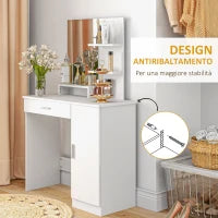 Tavolo per Trucco in Truciolato con Mobiletto, Cassetto, Ripiani Aperti e Specchio, 90x38x138 cm, Bianco
