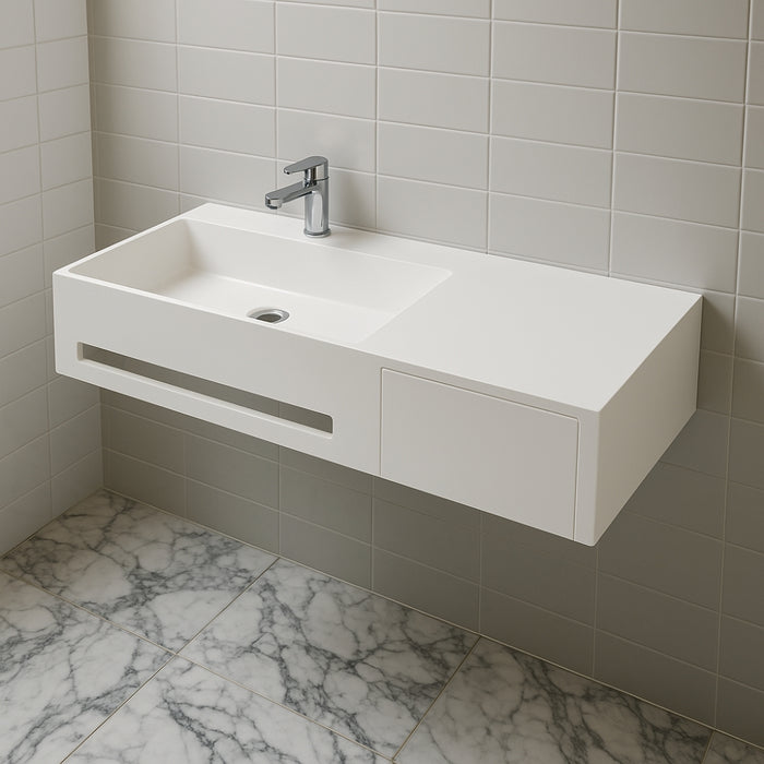 Lavabo in artificial stone bianco opaco matt modello alex sospeso con porta salviette *** confezione 1