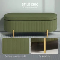 Panca Contenitore Ovale da 72L con Coperchio Sollevabile, in Tessuto Effetto Velluto e Legno, 108x44x43.5 cm, Verde