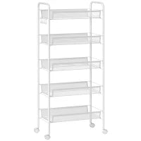 Carrello da Cucina Salvaspazio a 5 Livelli con Cestini a Rete in Acciaio, 45x26.5x106cm, Bianco