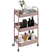 Carrello da Cucina a 3 Livelli con Maniglie e 4 Rotelle, in Acciaio, 45x30.6x79 cm, Rosa