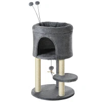 Albero Tiragraffi per Gatti con Casetta e Lettino, Pali in Sisal e Palline, 44.5x44.5x73.5cm, Grigio