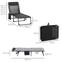 Lettino Prendisole Pieghevole con Cuscino, Poggiatesta e Tasca Laterale, 58x189x32.5 cm, Grigio Chiaro