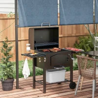 Barbecue da Giardino a 2 Ruote con Griglia, Affumicatore e Fornello, in Metallo e Ghisa, 124x66x112 cm, Nero