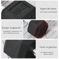 Manubrio 15 kg Esagonale con Impugnatura Antiscivolo, in Acciaio e Gomma, Ø15.5 x 33.6 cm, Nero