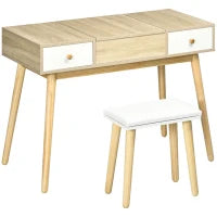 Tavolo da Trucco Moderno con Specchio Estraibile, Organizer Gioielli, 2 Cassetti e Sgabello, Color Legno