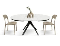 PAZZO DESIGN Tavolo Allungabile con Gambe Incrociate rotondo, Made in Italy, Basamento Nero, Bianco frassinato