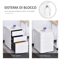 Cassettiera da Ufficio 3 Cassetti in Acciaio con Serratura e Rotelle, 39x48x59cm, Bianco