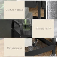 Carrello da Cucina con Cesto, Cassetto Estraibile e 3 Ganci, in PP e Metallo, 61x32.6x58.5 cm, Nero