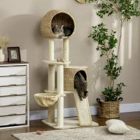 Albero Tiragraffi per Gatti con Casa, Diverse Piattaforme, Amaca, Tappetino per Graffiare, Dispositivo Antiribaltamento, 60 x 60 x 150 cm, Beige