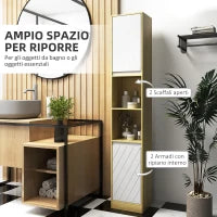 Mobile Colonna Bagno Salvaspazio in Legno con 2 Armadietti e Ripiani, 30x24x170 cm, Rovere e Bianco