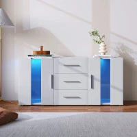 Credenza Moderna con LED Multicolore, 3 Cassetti e 2 Armadietti, Ampio Spazio, per Soggiorno e Cucina, 140x35x70 cm, Bianco