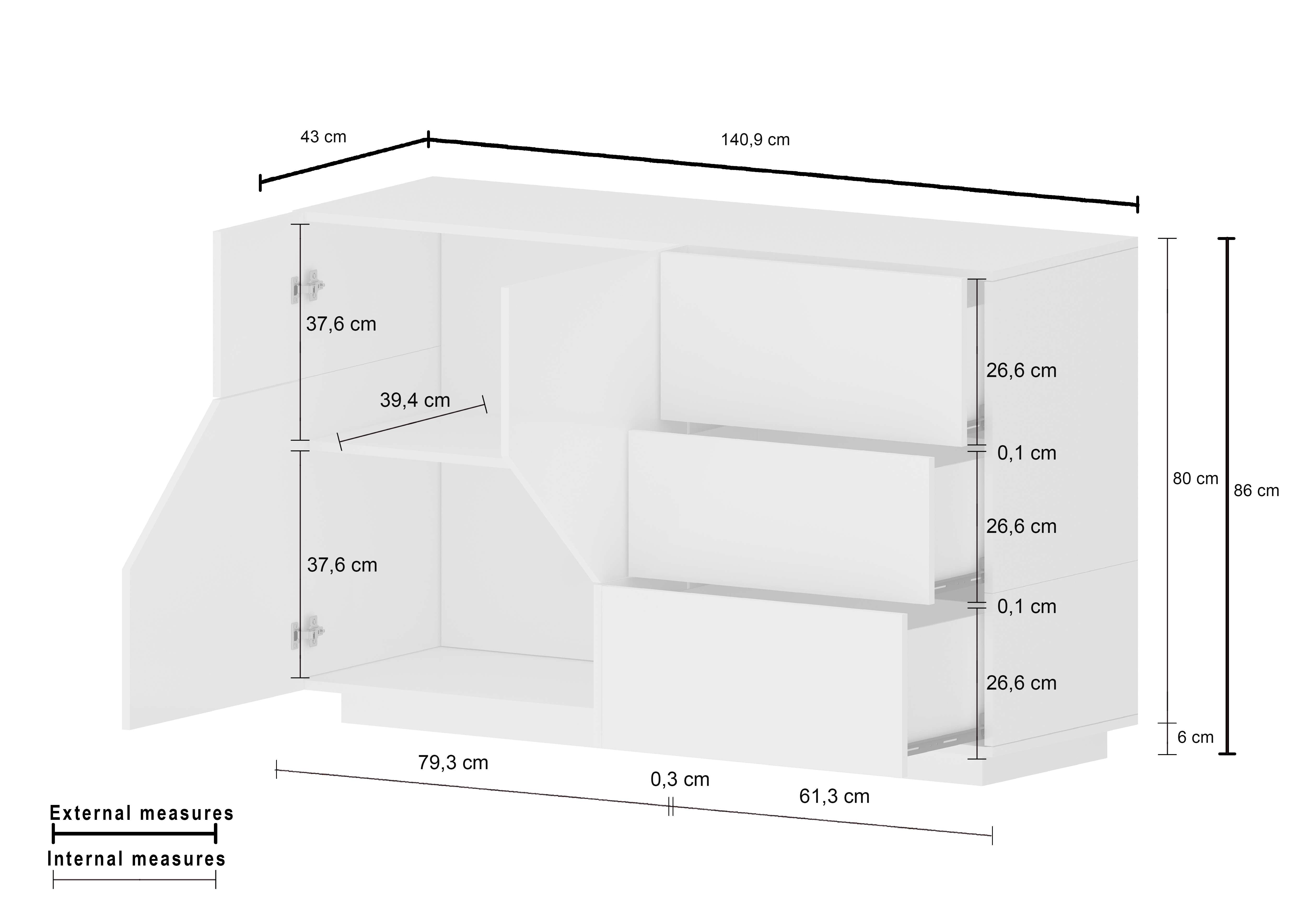 Credenza madia antracite design soggiorno 140x43cm 2 ante 3 cassetti Mira Report