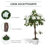 Pianta Finta di Rosa da 21 Fiori con Vaso Riempito in Cemento e Muschio, Pianta Artificiale in Plastica e Tessuto, Ø18x90 cm, Bianco e Verde