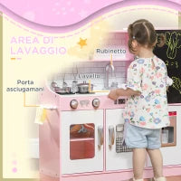 Cucina Giocattolo in Legno per Bambini 3-8 Anni con Fornelli, Microonde, Lavandino, e Accessori, Rosa