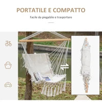 Sedia Sospesa a Dondolo da Interno ed Esterno in Tessuto con Nappe, 90x50 cm, Crema