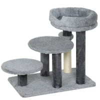 Tiragraffi e scala per gatti, base ampia, tessuto in peluche, palo graffi in sisal, grigio