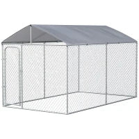 Kennel per Cani in Metallo Galvanizzato con Tettuccio in Tessuto Oxford e Porta con Blocco, 400x230x232cm, Argento